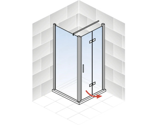 Illustration einer Eckeinstiegsdusche mit Pendeltürfunktion.