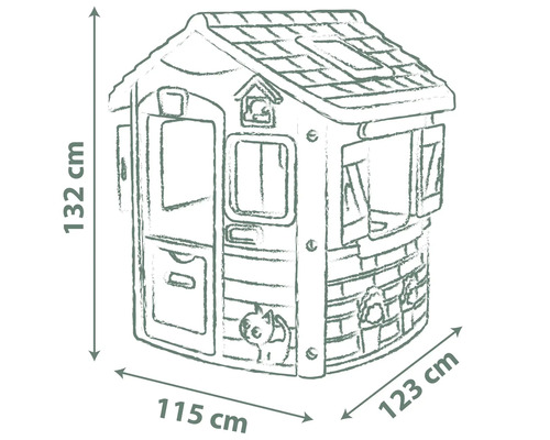 Illustration eines Spielhauses mit den Maßen 132 cm Höhe, 115 cm Breite und 123 cm Tiefe.