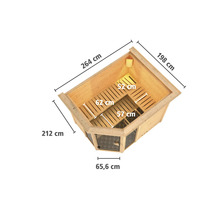Draufsicht Ecksauna mit den Maßen 264 cm mal 198 cm mal 212 cm und einer Tür von 65,6 cm Breite.