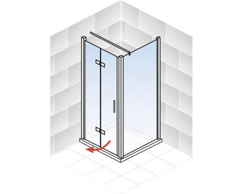 Illustration einer Duschkabine mit Schwingtür und einem roten Pfeil, der die Drehbewegung der Tür darstellt.