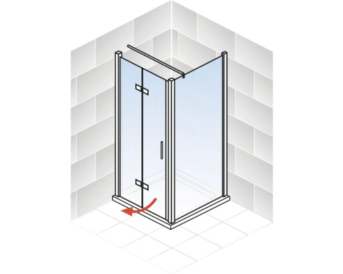Eckdusche mit Schwingtür und rotem Pfeil, der die Schwenkbewegung darstellt.