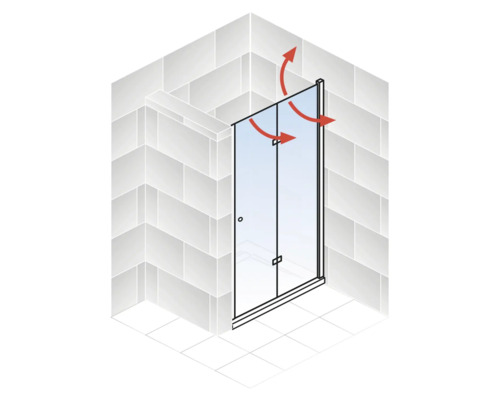 Skizze einer Duschkabine mit Glaswand und roten Pfeilen zur Veranschaulichung der Bewegungsrichtung