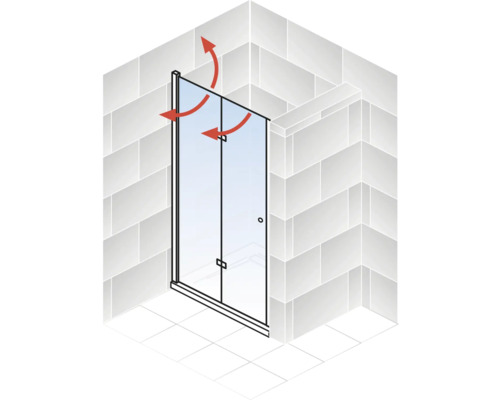 Illustration einer Duschkabine mit Pendeltür und Schwenkbereichsanzeige
