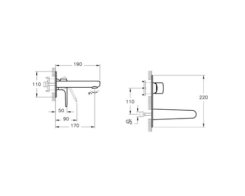 Technische Zeichnung einer Waschtischarmatur zur Wandmontage mit Maßangaben