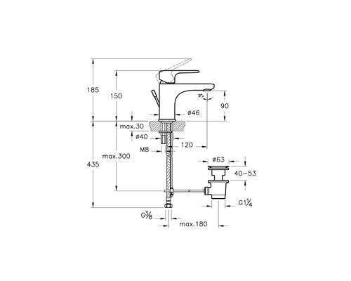 Technische Zeichnung einer Waschtischarmatur mit Maßangaben