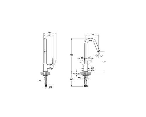 Technische Zeichnung einer Küchenarmatur mit Maßangaben