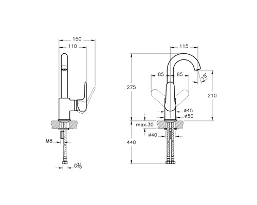 Technische Zeichnung einer Küchenarmatur mit Maßen.