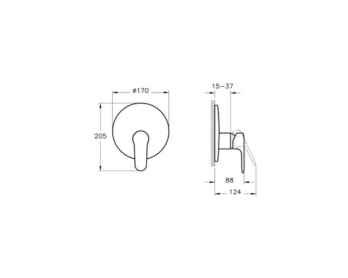 Technische Zeichnung einer Badarmatur mit Maßangaben