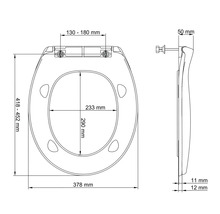 Technische Zeichnung eines Toilettensitzes mit Maßangaben