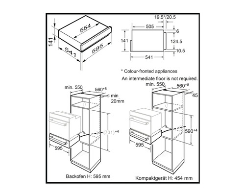 Technische Zeichnung eines Ofens mit Maßangaben