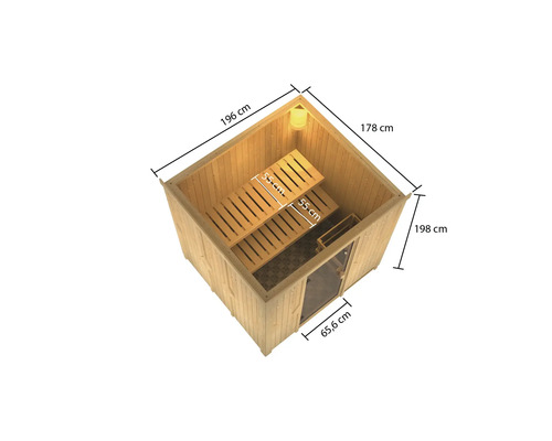 Illustration einer Sauna mit Maßen für den Innenbereich.
