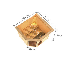 Massivholzsauna Karibu Tabea inkl.9 kW Ofen u.ext.Steuerung mit Dachkranz und bronzierter Ganzglastüre