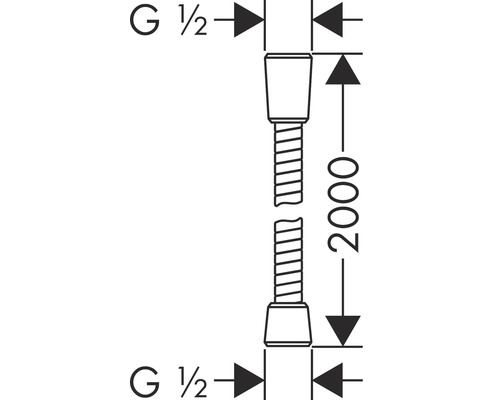 Technische Zeichnung eines Panzerschlauchs mit den Maßen G 1/2 und 2000 mm