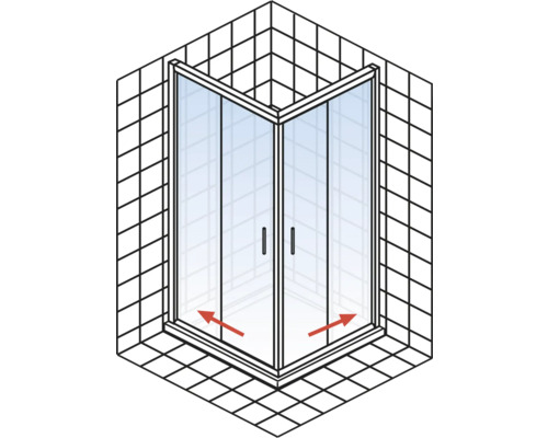 Eckdusche mit Glastüren und Griffen