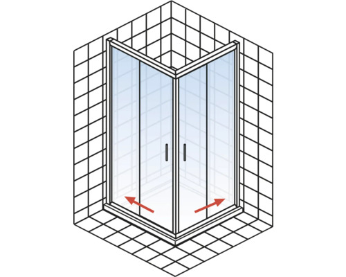 Eckdusche mit zwei Türen in einem Badezimmer mit Fliesen