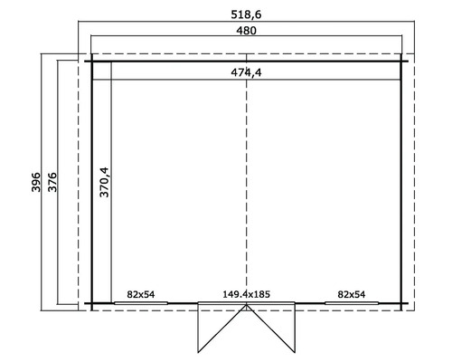 Grundrisszeichnung eines Gartenhauses mit Maßangaben.
