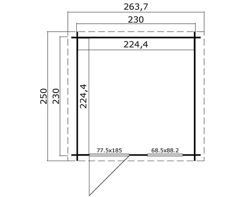 Technische Zeichnung eines Gartenhauses mit Maßangaben
