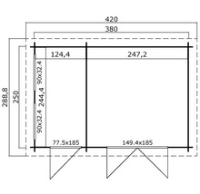 Technische Zeichnung eines Gartenhauses mit Maßangaben.
