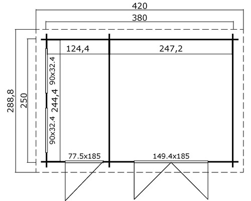 Grundrisszeichnung eines Gartenhauses mit Maßangaben