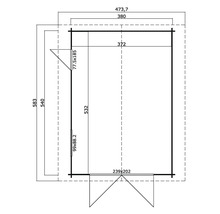 Grundrisszeichnung eines Gartenhauses mit Maßangaben