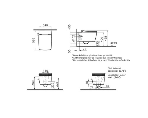 Technische Zeichnung eines Wand-WCs mit Maßangaben