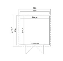 Grundrisszeichnung mit Maßangaben für ein Gartenhaus