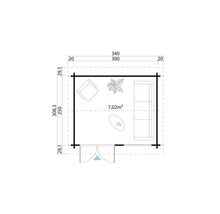 Grundriss eines Gartenhauses mit Maßen und Einrichtung