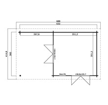 Grundrisszeichnung eines Gartenhauses mit Maßangaben