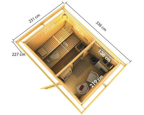 Draufsicht einer Sauna mit Abmessungen in Zentimetern