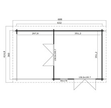 Grundrisszeichnung eines Gartenhauses mit Maßangaben