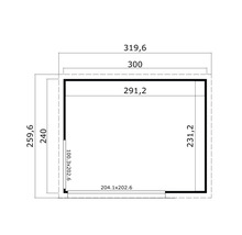 Grundrisszeichnung eines Gartenhauses mit Maßangaben