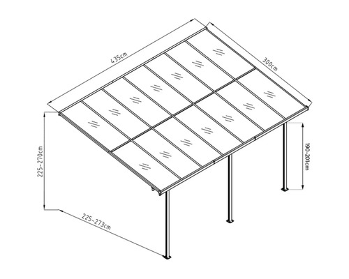 Technische Zeichnung einer Terrassenüberdachung mit Maßangaben