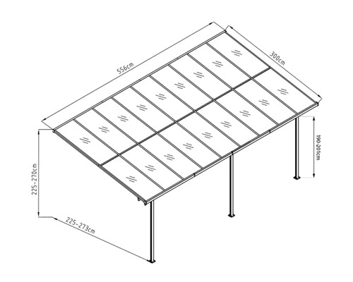 Abbildung einer Terrassenüberdachung mit Maßangaben