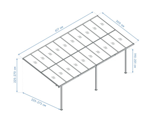 Technische Zeichnung einer Terrassenüberdachung mit Maßangaben