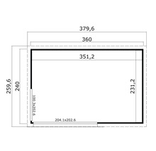 Technische Zeichnung eines rechteckigen Bauwerks mit Maßangaben in Zentimetern