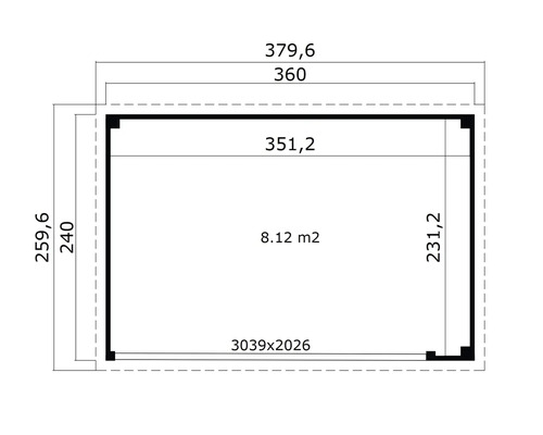 Abmessungen eines Gartenhauses mit einer Fläche von 8.12 Quadratmetern.