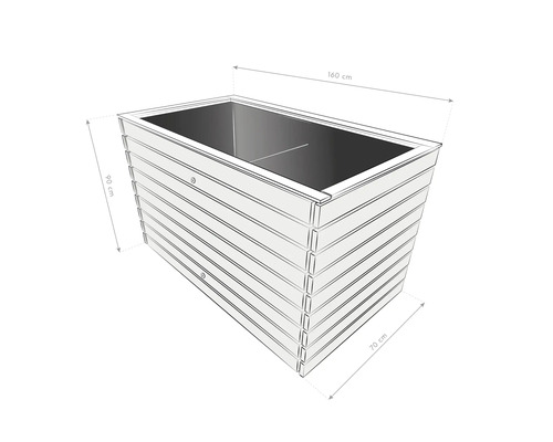 Illustration eines rechteckigen Pflanzkastens mit den Maßen 160 x 70 x 90 cm.