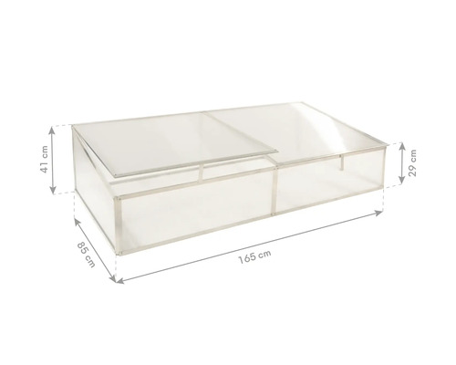 Frühbeet mit den Maßen 165 cm Länge, 85 cm Breite und 41 cm Höhe.