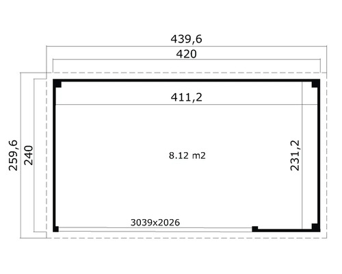 Grundrisszeichnung mit Abmessungen in Zentimetern und Flächenangabe