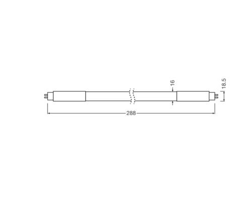 Technische Zeichnung einer Leuchtstoffröhre mit Maßangaben