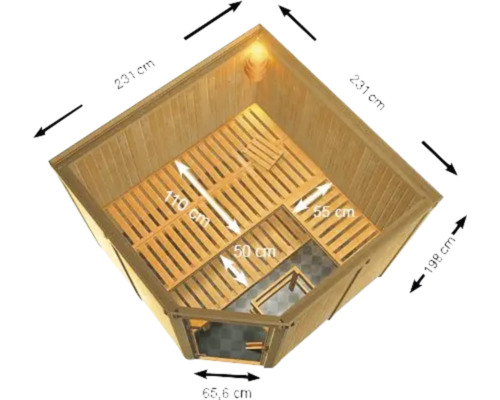 Innenansicht einer Holzsauna mit Maßangaben