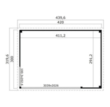 Grundrisszeichnung eines Gartenhauses mit Maßangaben