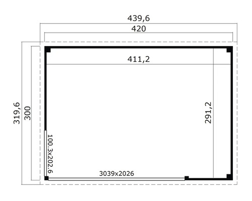 Grundrisszeichnung eines Gartenhauses mit Maßangaben