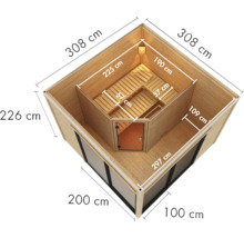 Saunahaus Karibu Termingo 3 B inkl. 9 kW Ofen u.ext. Steuerung mit Vorraum und Holztür mit Isolierglas wärmegedämmt