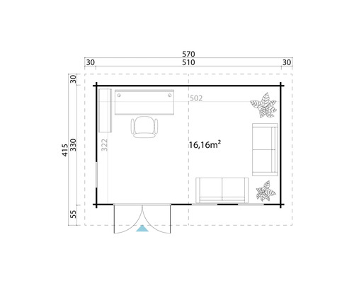 Grundriss eines Gartenhauses mit Möbeln und Bepflanzung und Maßangaben.