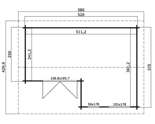 Grundrisszeichnung eines Gartenhauses mit Maßangaben