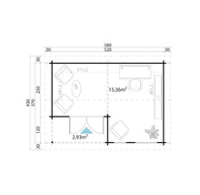 Grundriss eines Gartenhauses mit Möbeln und Bemaßungen