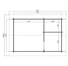 Grundrisszeichnung eines Gartenhauses mit Maßangaben