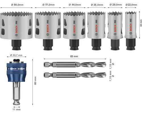 Bosch Pro Lochsägenset mit zwei Bohrern und den Durchmessern 64 mm, 51 mm, 44 mm, 35 mm, 29 mm, 22 mm