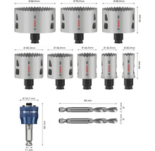 Bosch Pro Lochsägenset mit verschiedenen Durchmessern und Bohrern mit Größenangaben